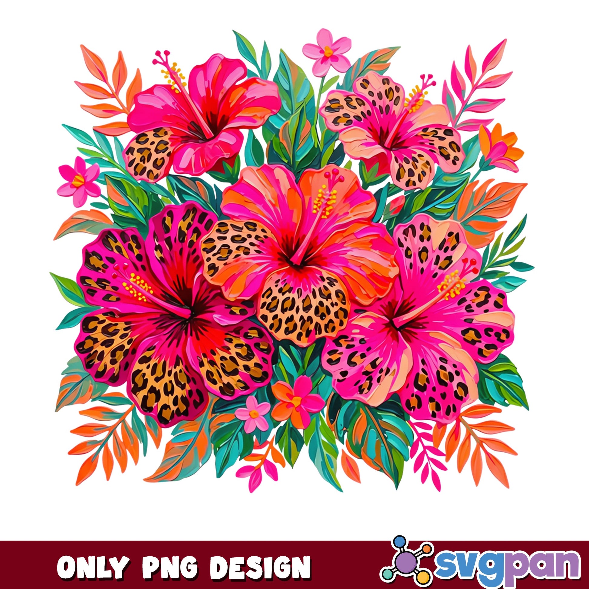 Leopard Print Hibiscus Floral Bouquet PNG, Tropical PNG, Summer PNG