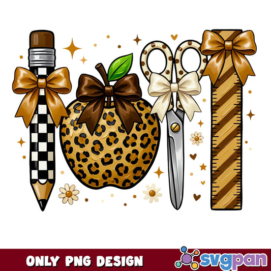 Leopard Teacher Pencil Apple Bow PNG, Back To School PNG, Teacher PNG