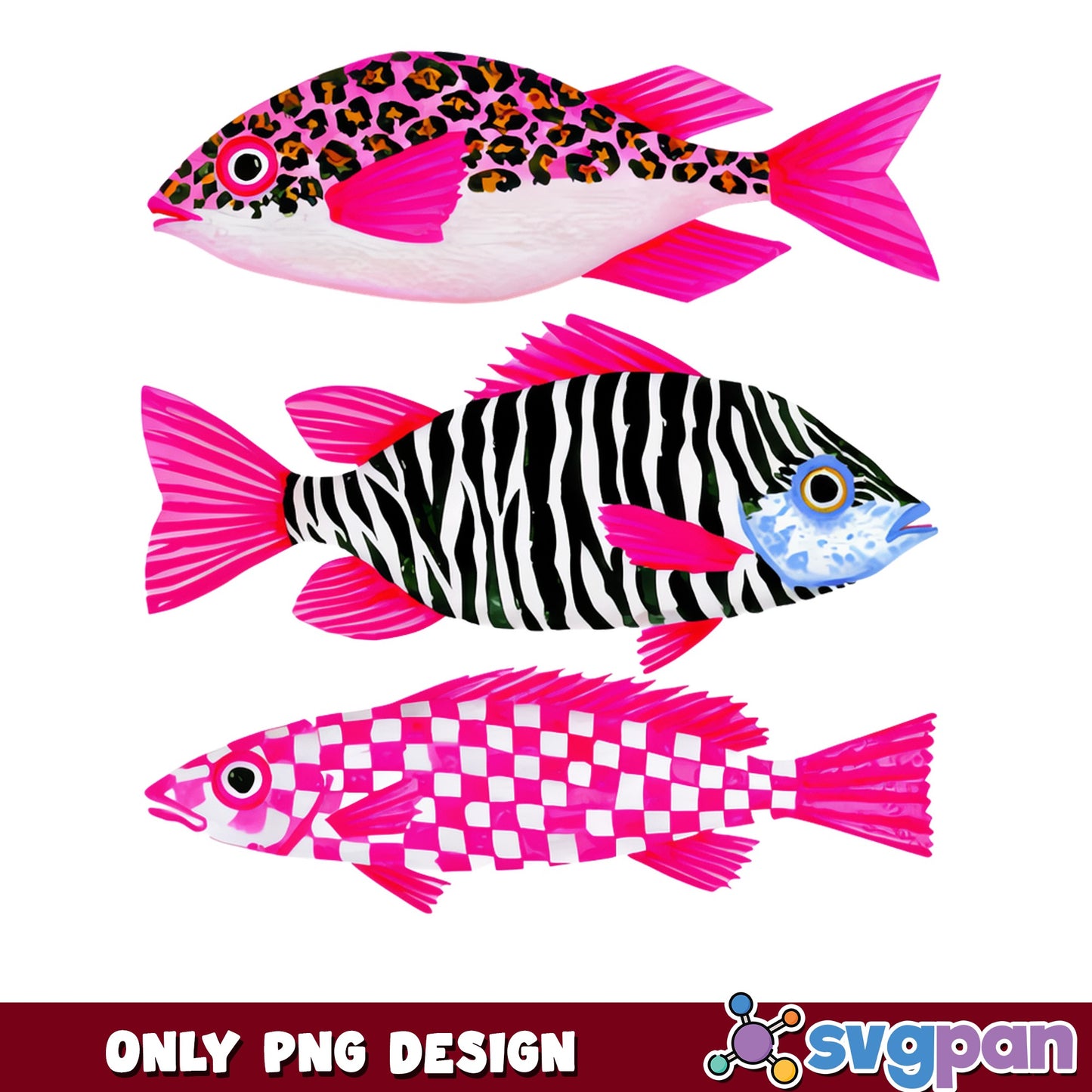Leopard Zebra Checkered Fish PNG Bundle, Pink Fish Clipart, Fishing PNG