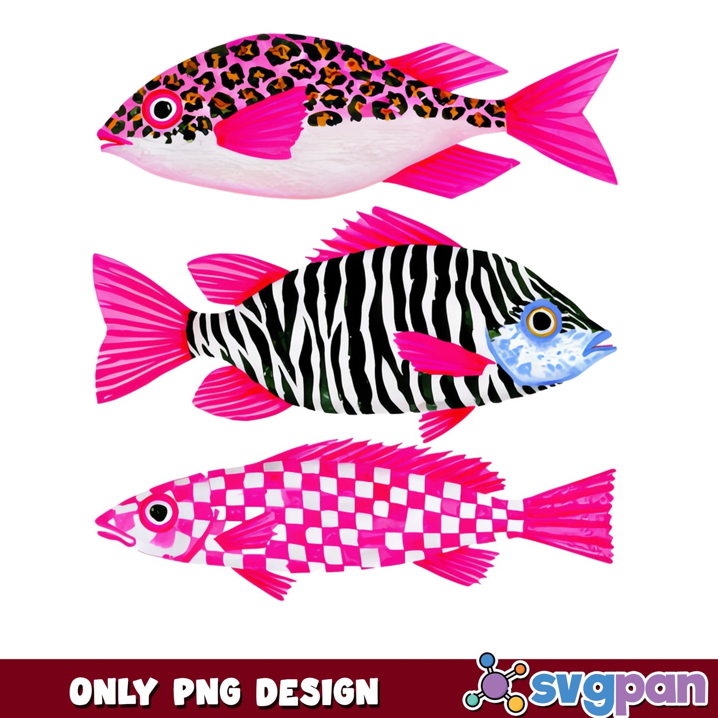 Leopard Zebra Checkered Pink Fish Bundle, Trendy Fish Clipart, PNG