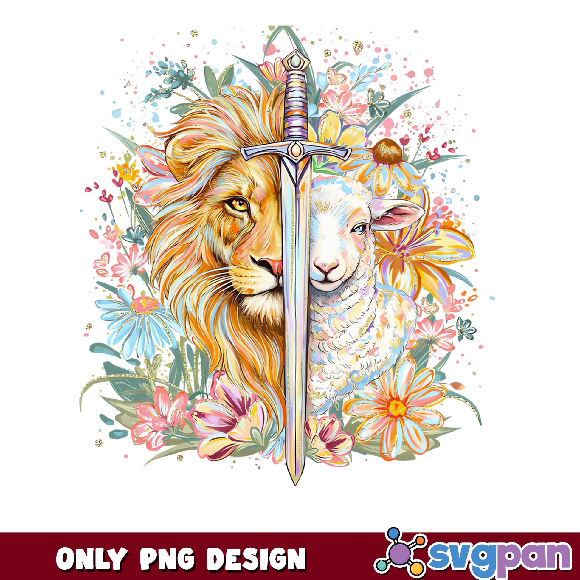 Lion And Lamb Floral Sword PNG, Christian Easter PNG, Faith PNG
