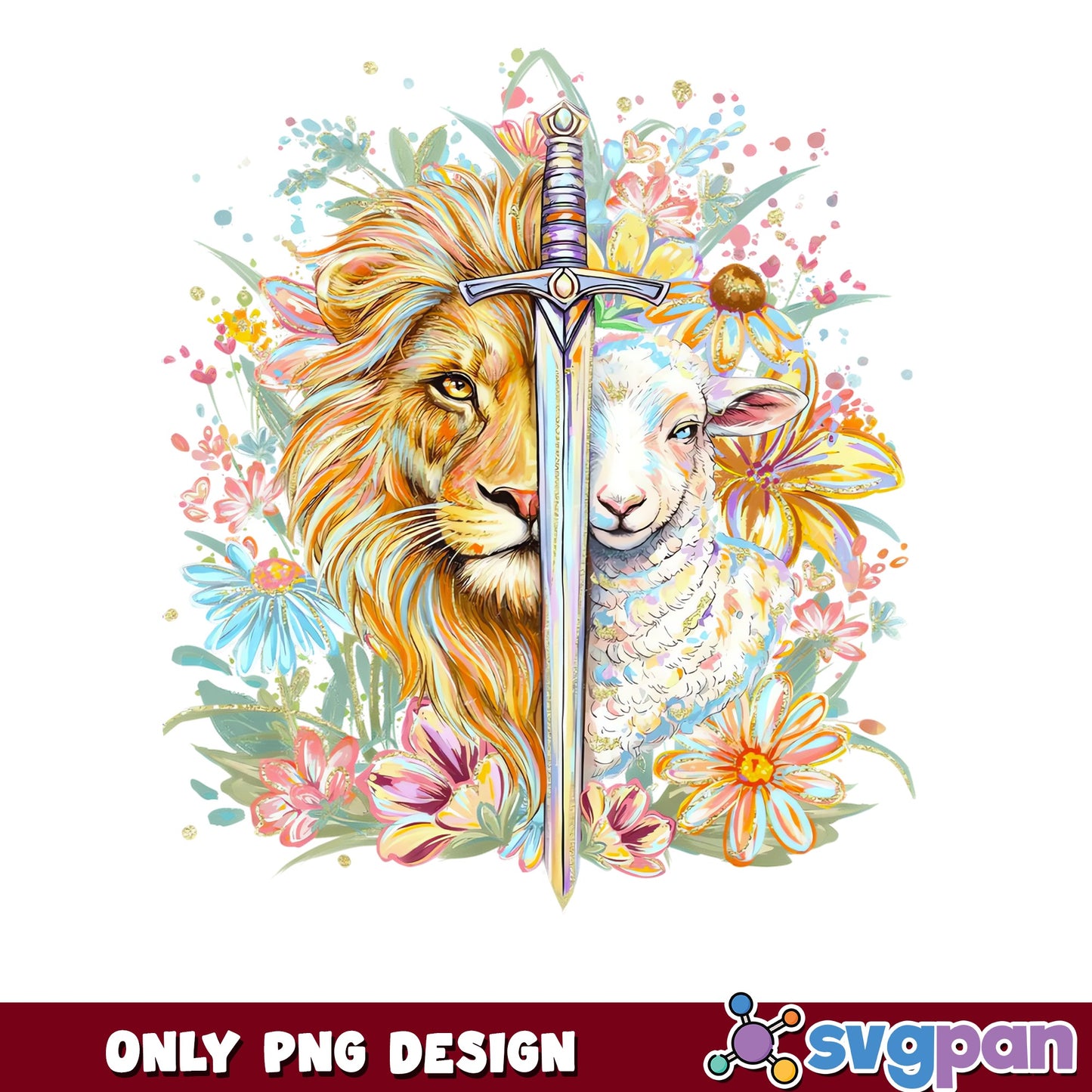 Lion And Lamb Sword Floral PNG, Christian Easter PNG, Faith PNG