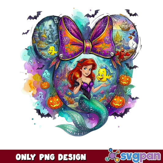 Little Mermaid Ariel Halloween PNG, Minnie Ears Bow Spooky, Disney PNG