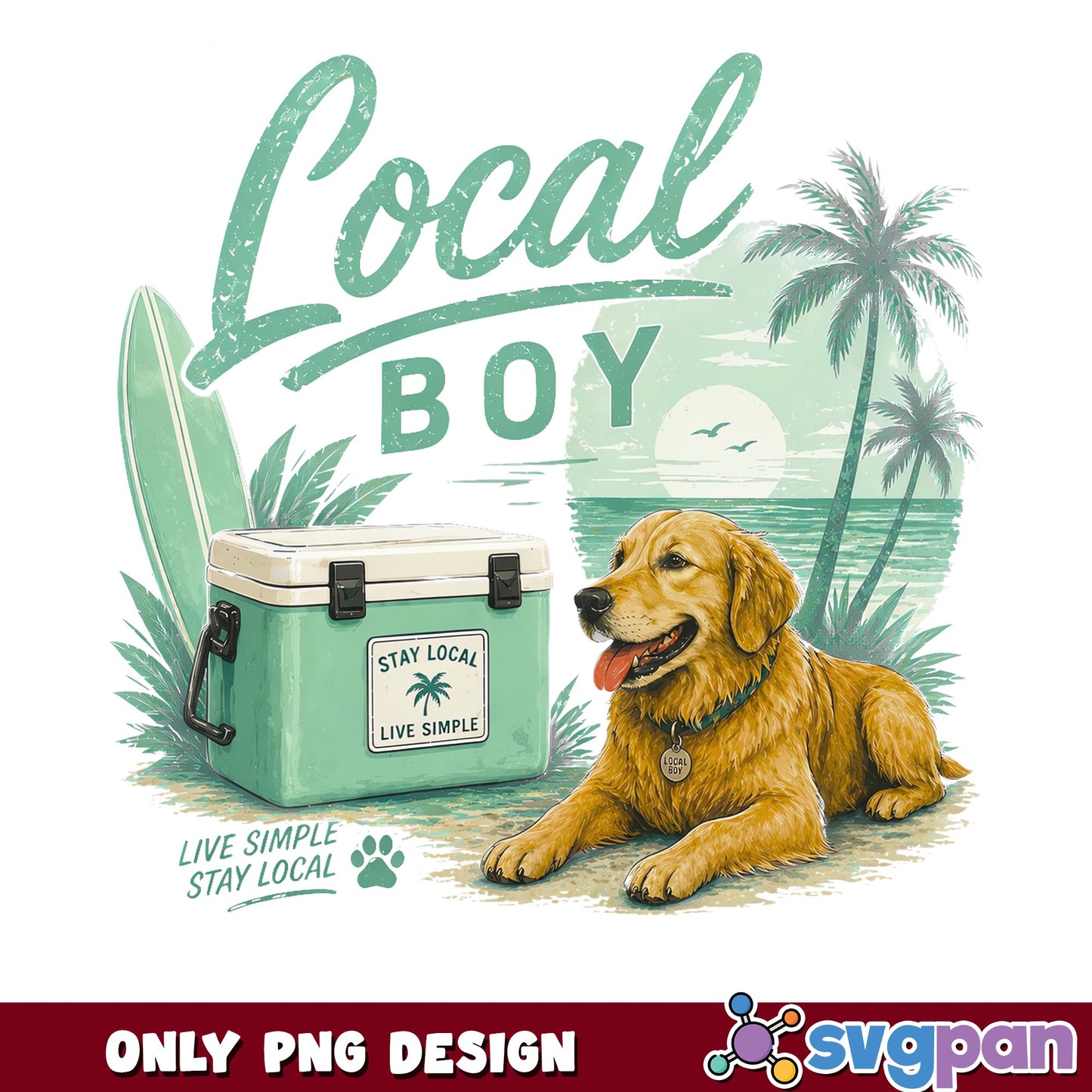Local Boy Golden Retriever Beach PNG, Summer Dog PNG, Retro PNG