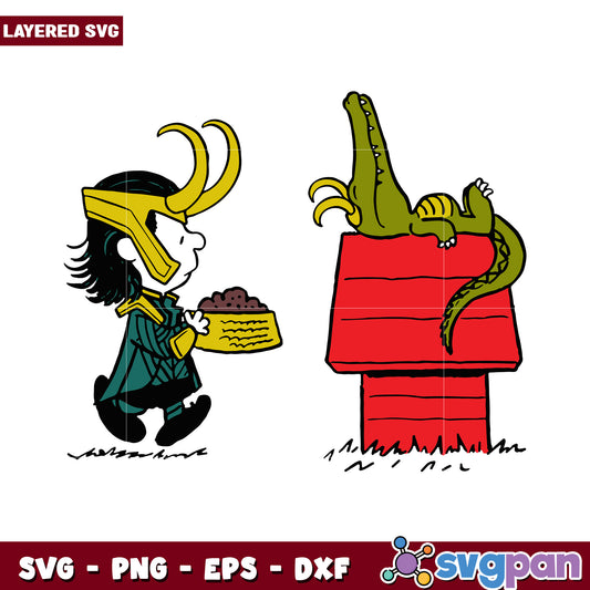 Loki feeding his pet alligator, playful cartoon SVG design for crafts