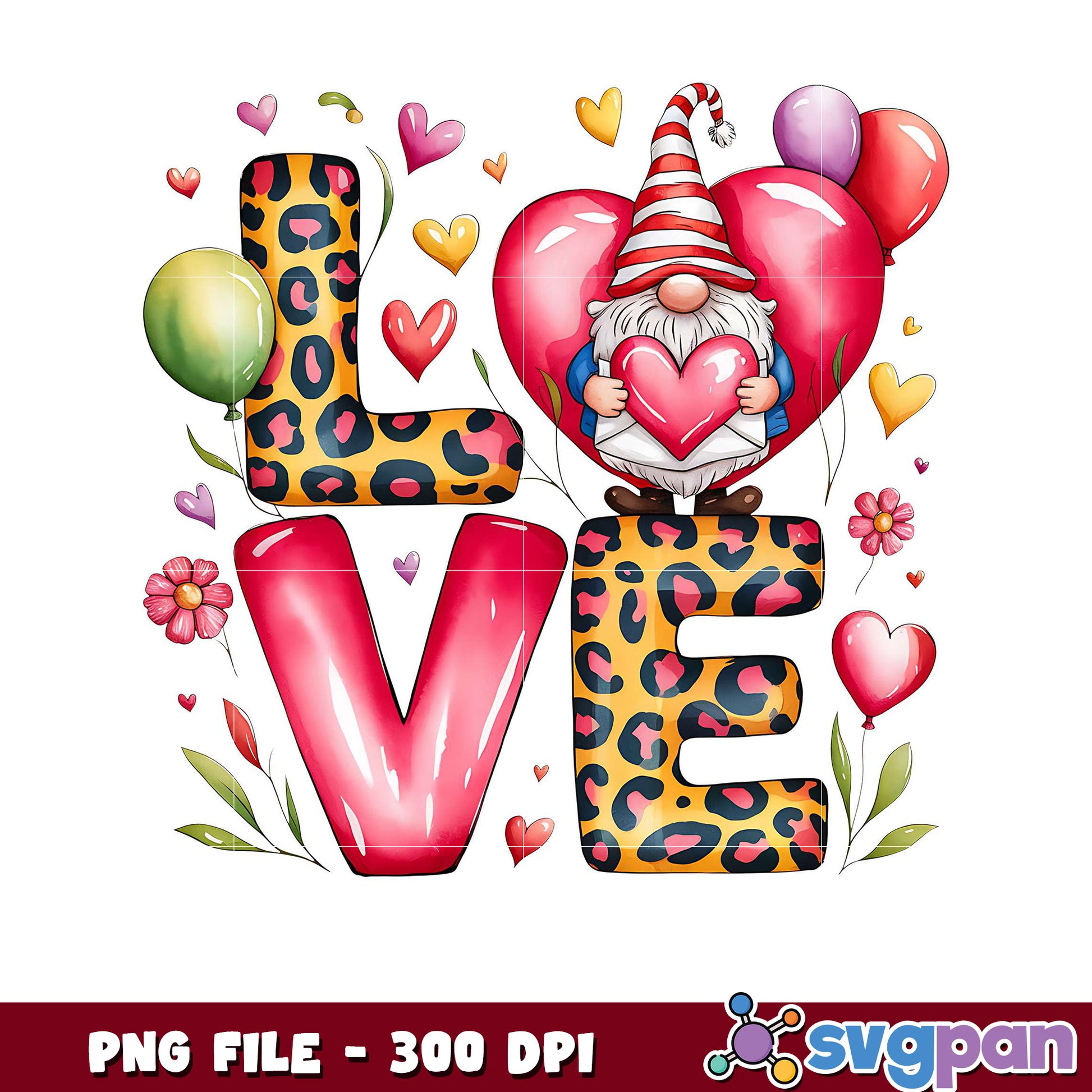 Love Gnome with Colorful Balloons, Cute Valentine Design PNG
