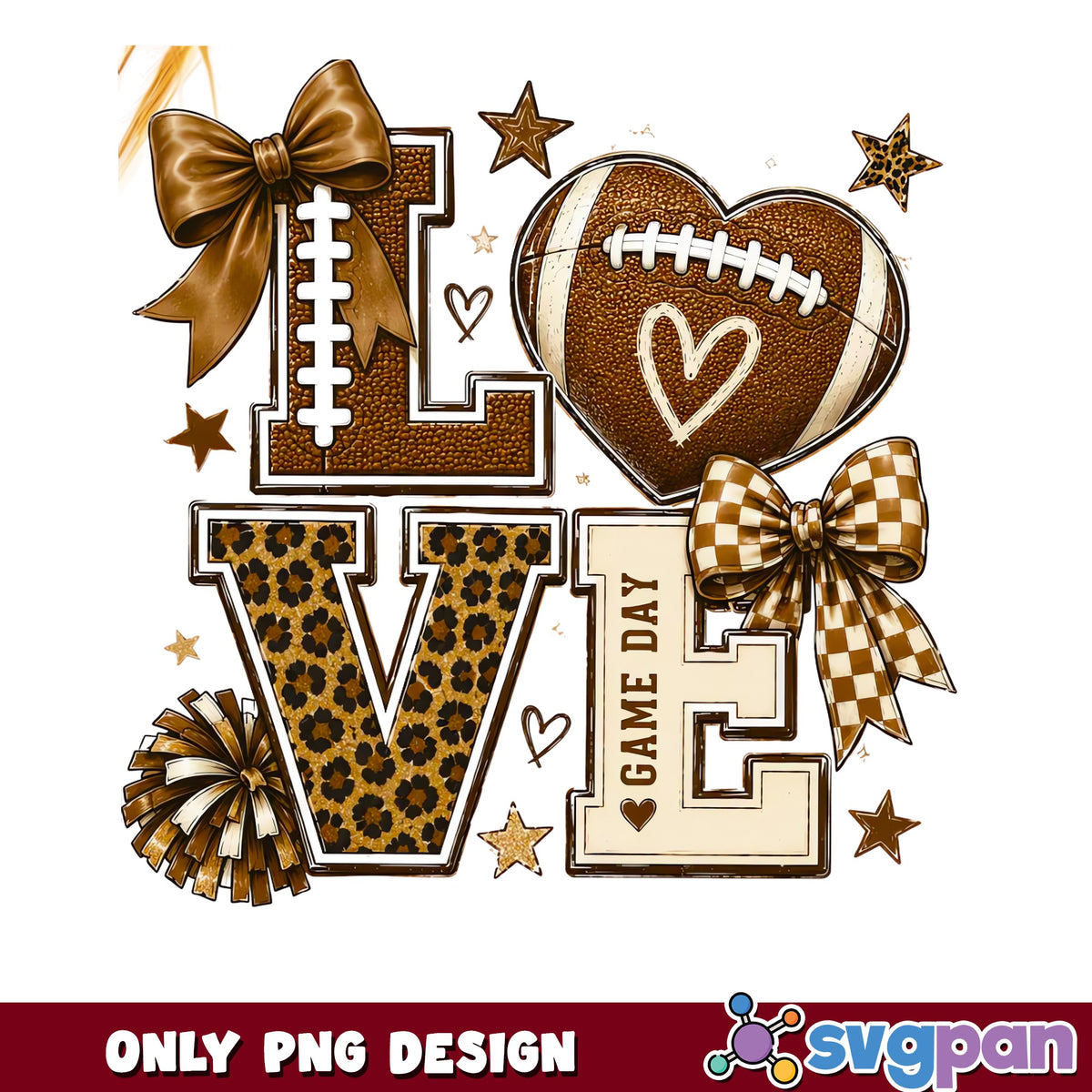 Love Football Game Day PNG, Leopard Football Bow PNG, Coquette PNG