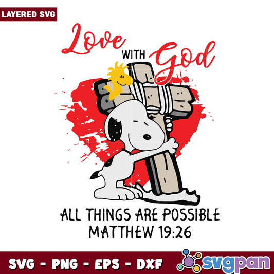 Love with God design featuring Snoopy, all things are possible Matthew 1926