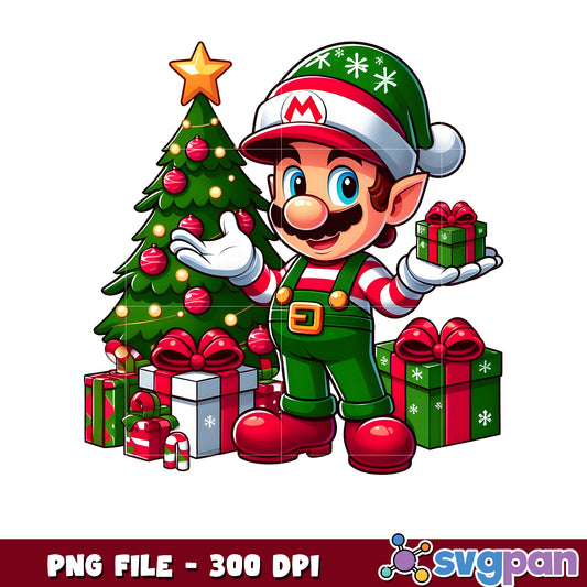 Mario christmas png, christmas gifts png, cute mario png