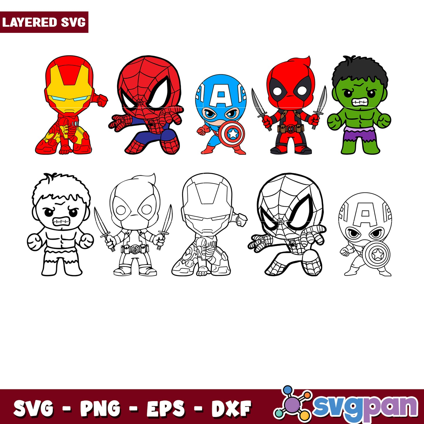 Marvel Chibi SVG Bundle Layered PNG, EPS, DXF