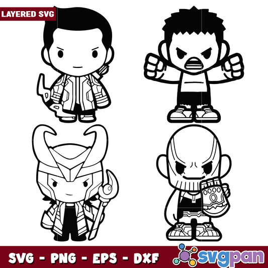 Marvel Chibi SVG Bundle Loki, Hulk, Thanos