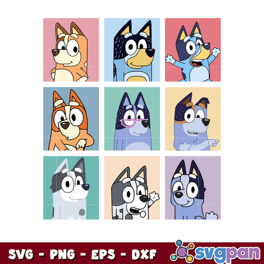 Members bluey dog cartoon design svg, bluey characters svg