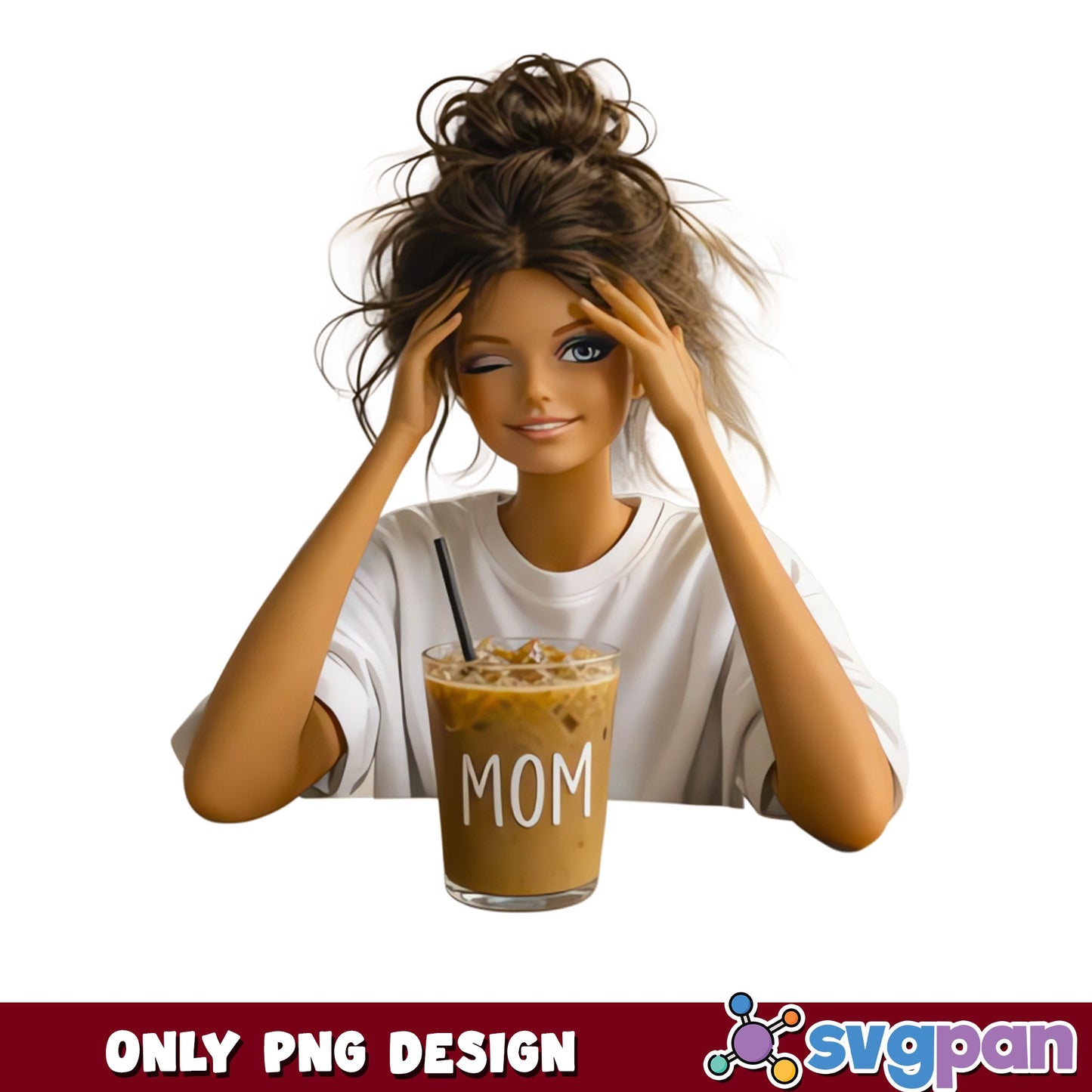 Messy Bun Mom Iced Coffee PNG, Tired Mom PNG, Mom Life PNG