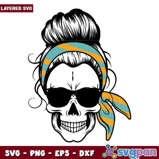 Messy bun skull retro bandana svg, halloween toys svg, scary and funny svg