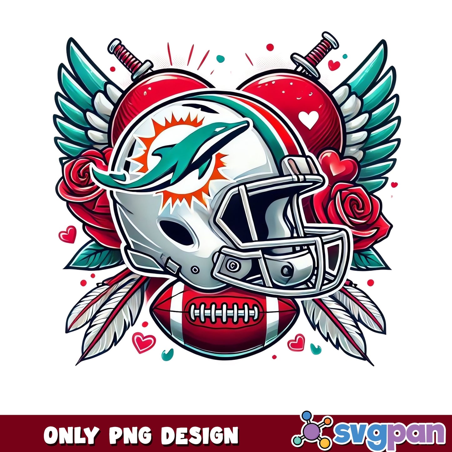 Miami Dolphins Valentine PNG, Football Helmet Heart PNG, NFL PNG