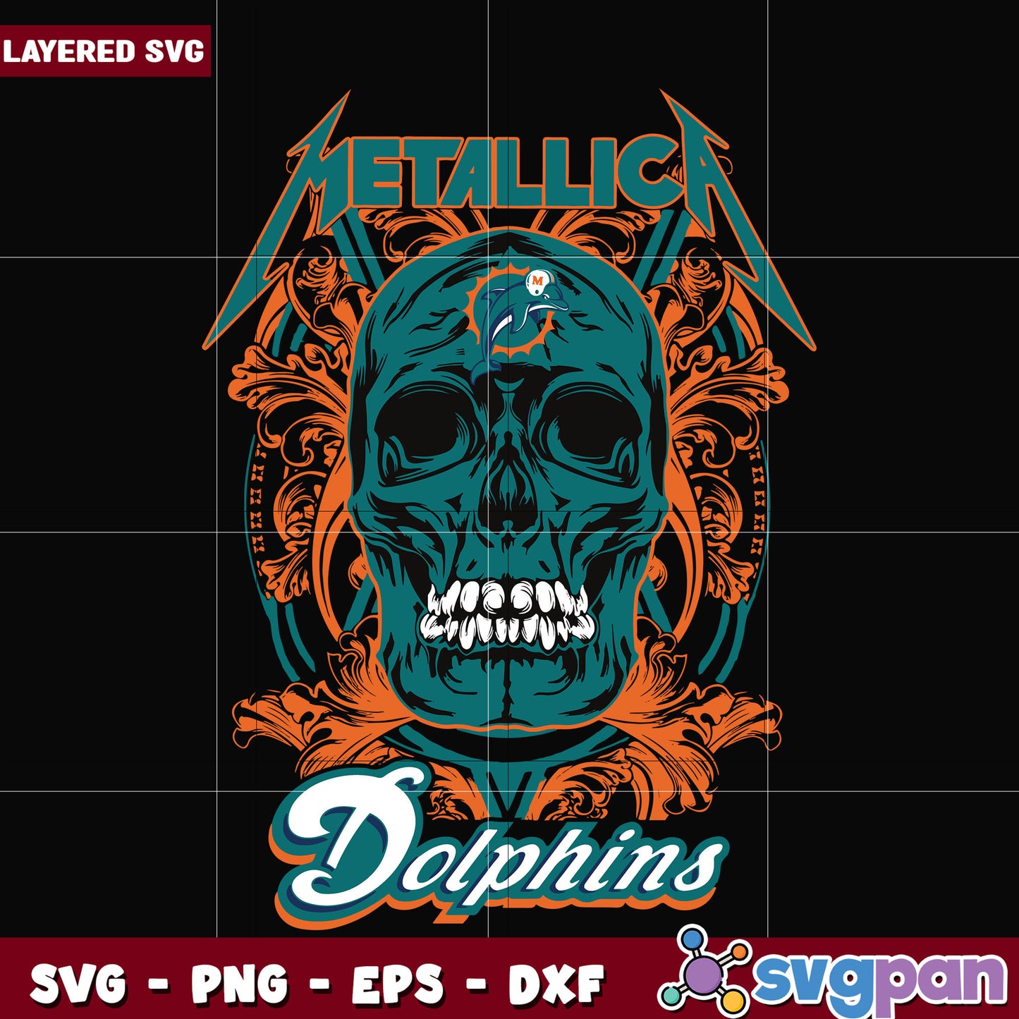 Miami dolphins skull metallica svg, super bowl svg, nfl teams logo svg