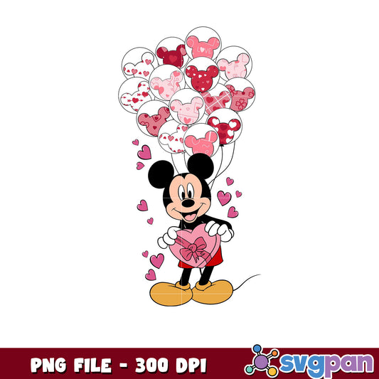 Mickey Mouse with balloons for Valentine’s Day, cute design PNG
