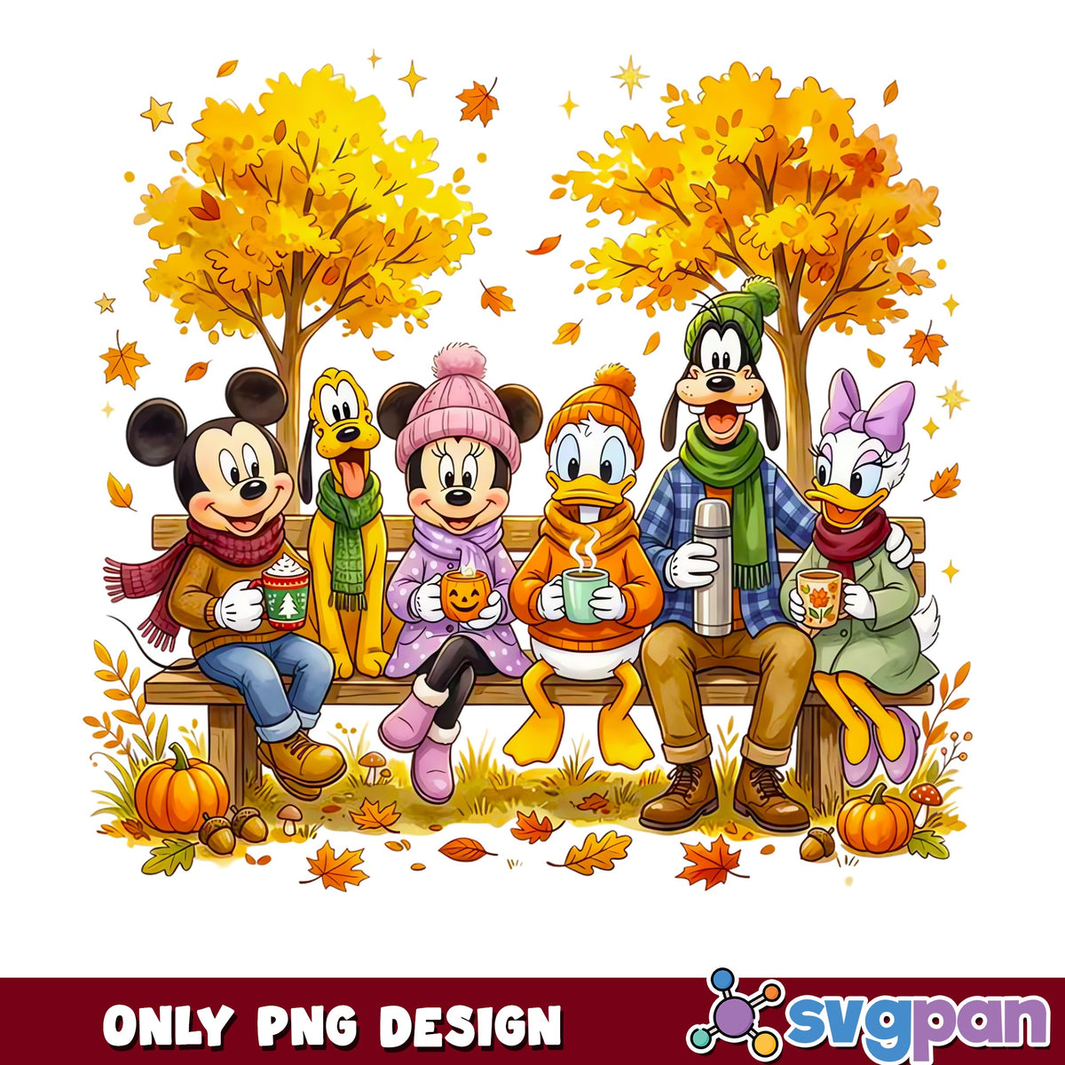 Mickey And Friends Fall Bench PNG, Disney Autumn Pumpkin Leaves, Fall
