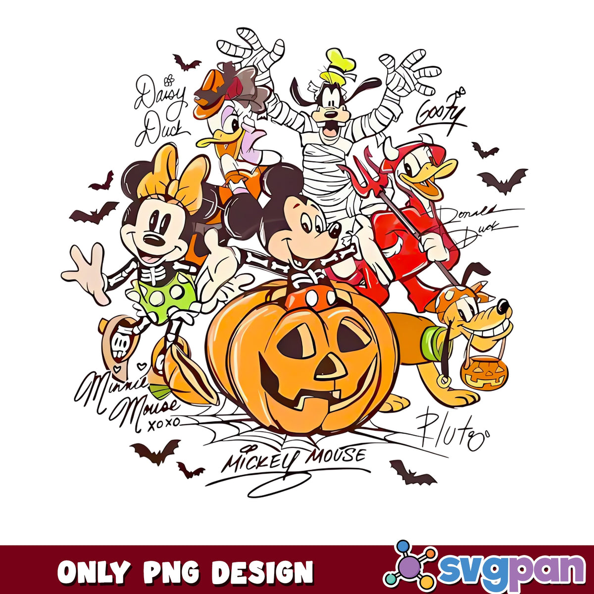 Mickey And Friends Halloween Costumes PNG, Pumpkin Bats Disney, Spooky