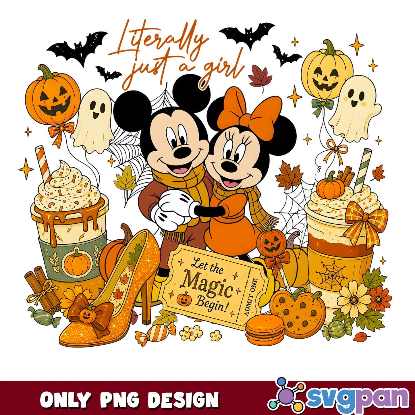 Mickey And Minnie Halloween Pumpkin Spice PNG, Let The Magic Begin