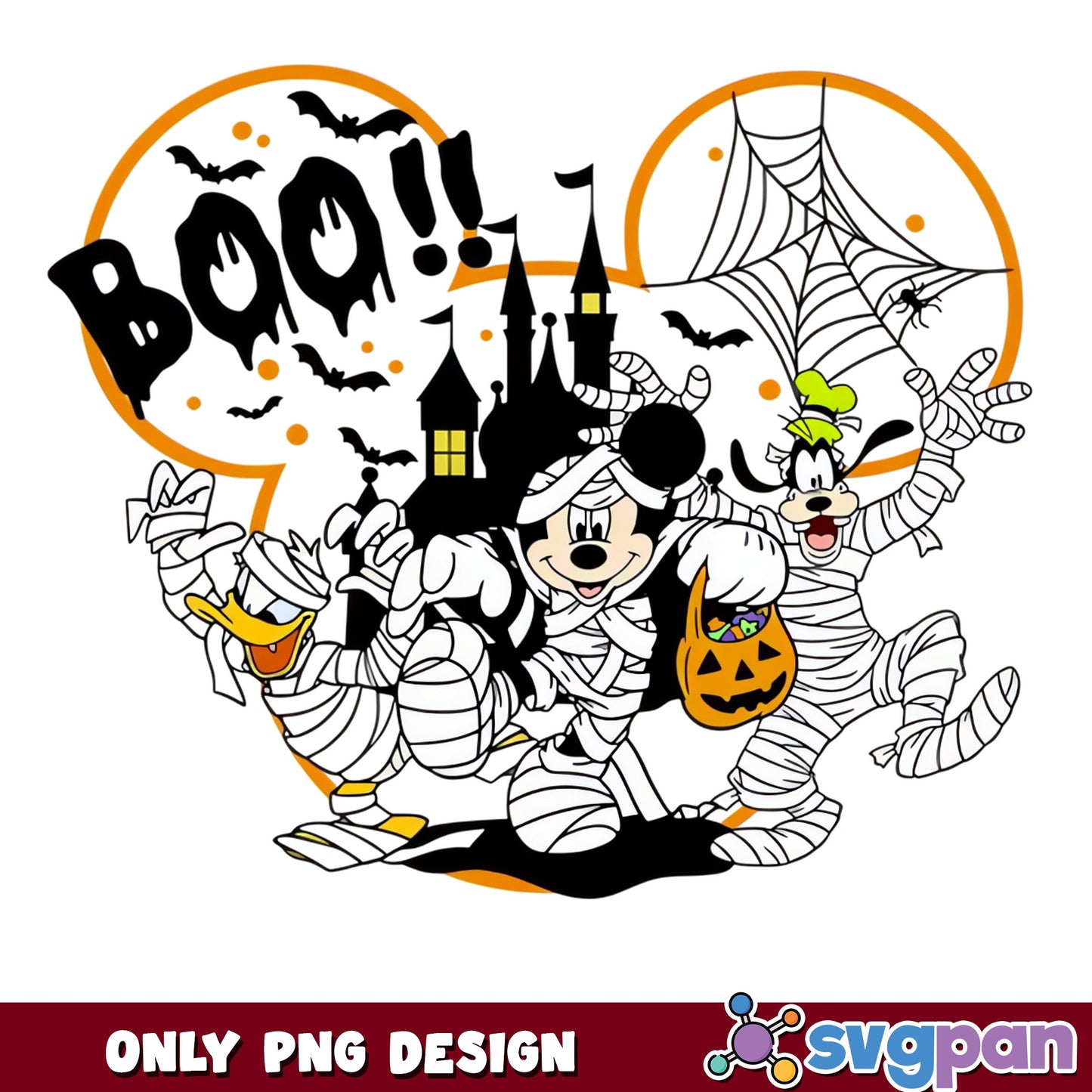 Mickey Donald Goofy Mummy Boo Halloween PNG, Disney Castle Bats, PNG