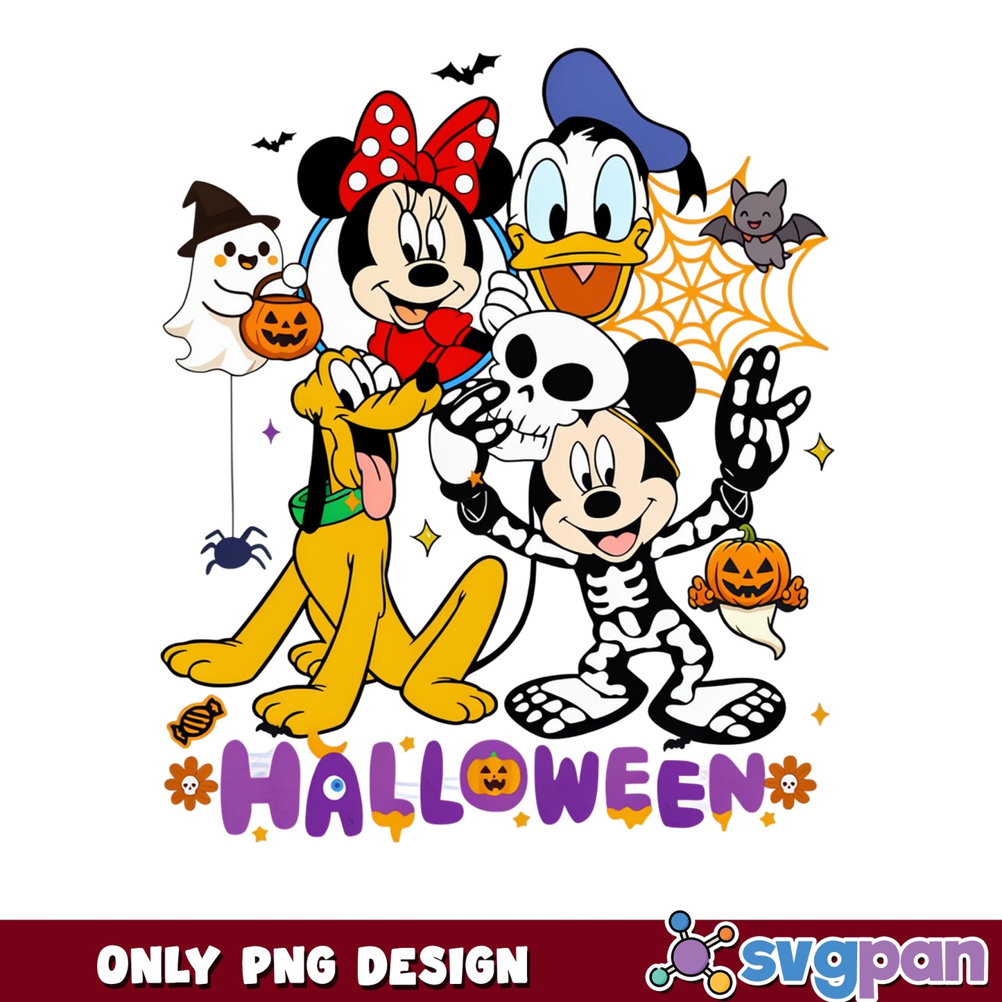 Mickey Halloween Skeleton PNG, Minnie Donald Pluto PNG, Disney Friends PNG