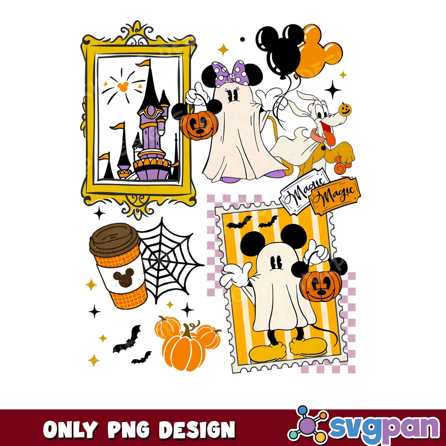 Mickey Minnie Ghost Pluto Magic Stamp Halloween PNG, Disney Castle