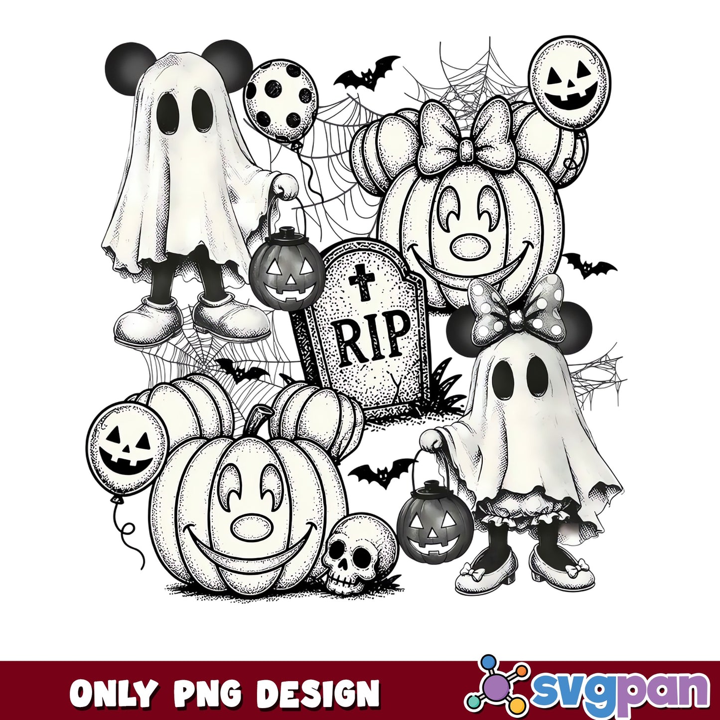 Mickey Minnie Ghost Sketch RIP Pumpkin Halloween PNG, Disney Bats, PNG