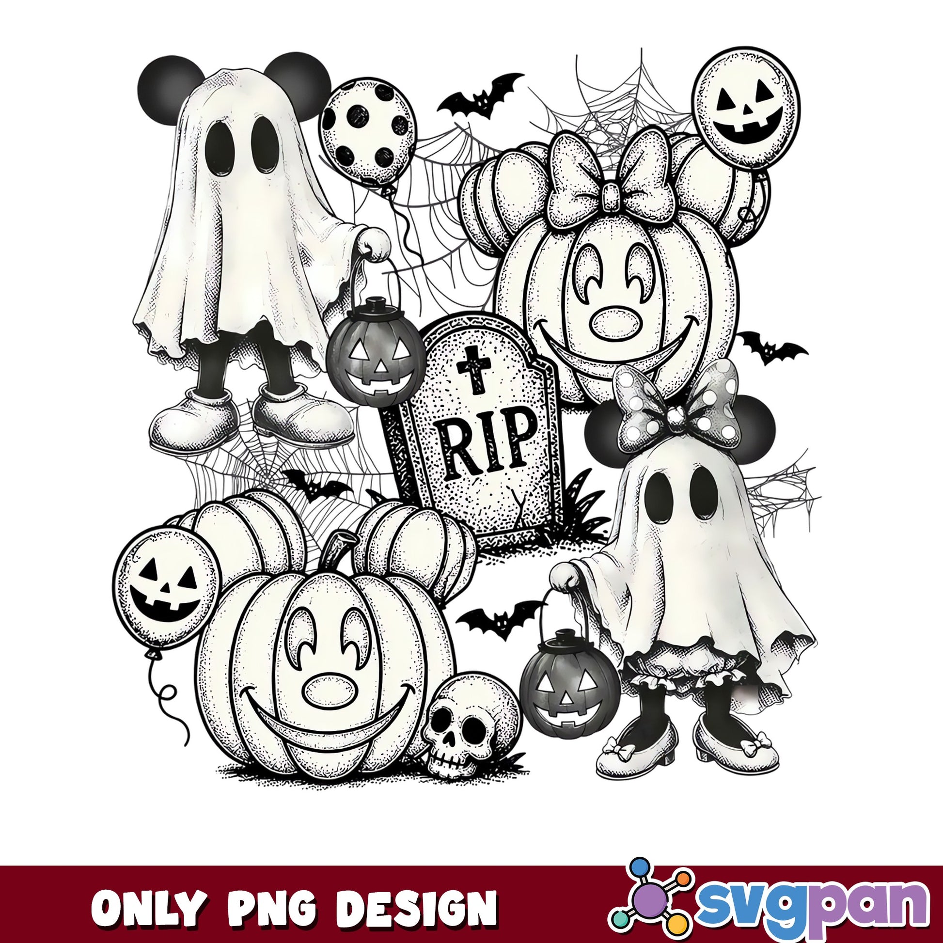Mickey Minnie Ghost Sketch RIP Pumpkin Halloween PNG, Disney Bats, PNG