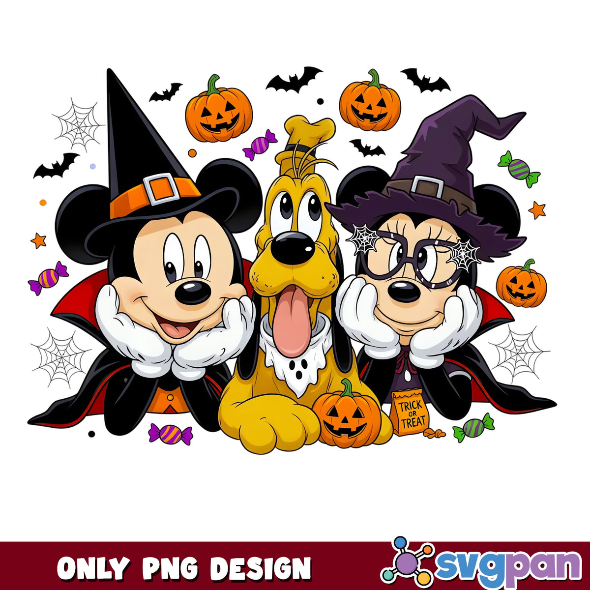 Mickey Minnie Pluto Halloween Vampire Witch PNG, Disney Trio, Horror