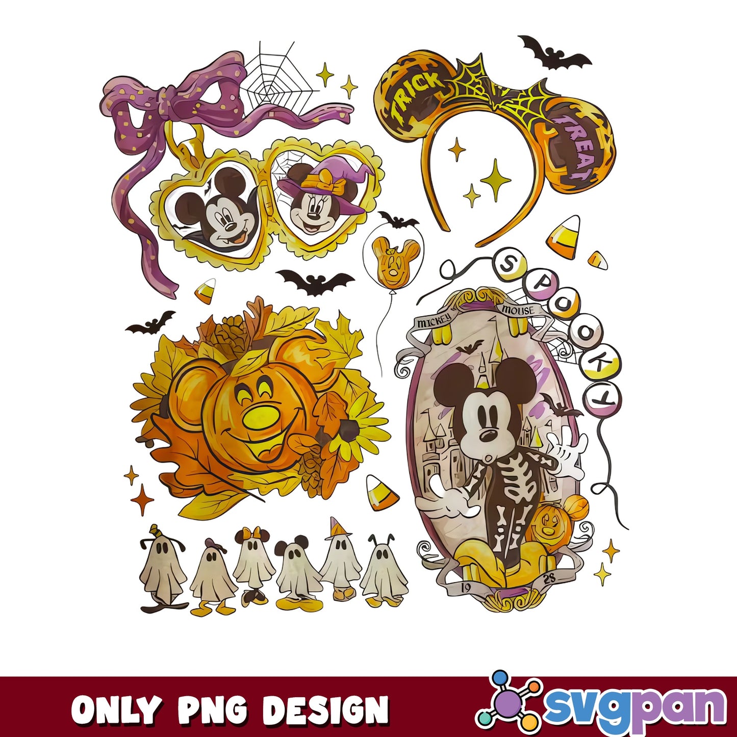 Mickey Minnie Skeleton Ghost Trick Or Treat Halloween PNG, Spooky, PNG