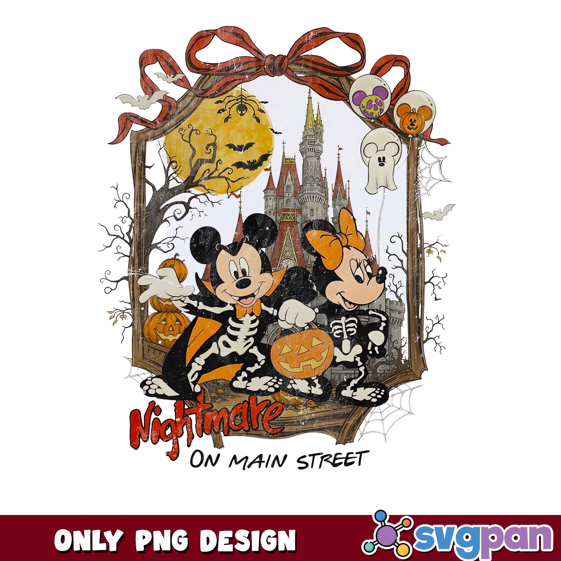 Mickey Minnie Skeleton Vampire Halloween Nightmare PNG, Disney Castle