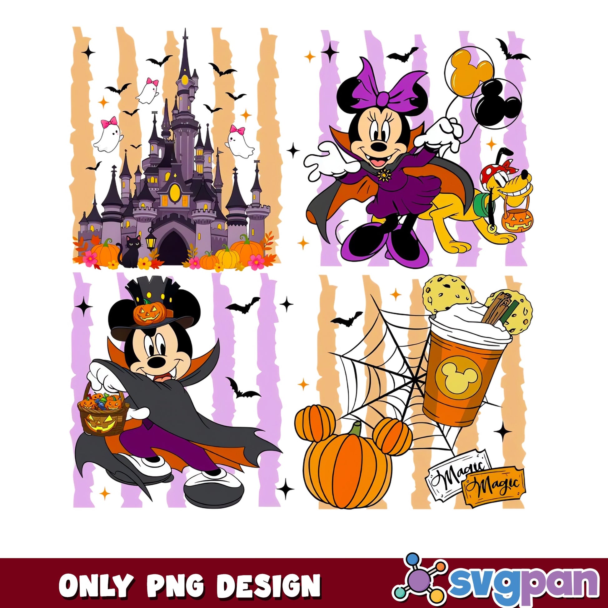 Mickey Minnie Vampire Halloween Disney Castle Pluto PNG, Pumpkin, PNG