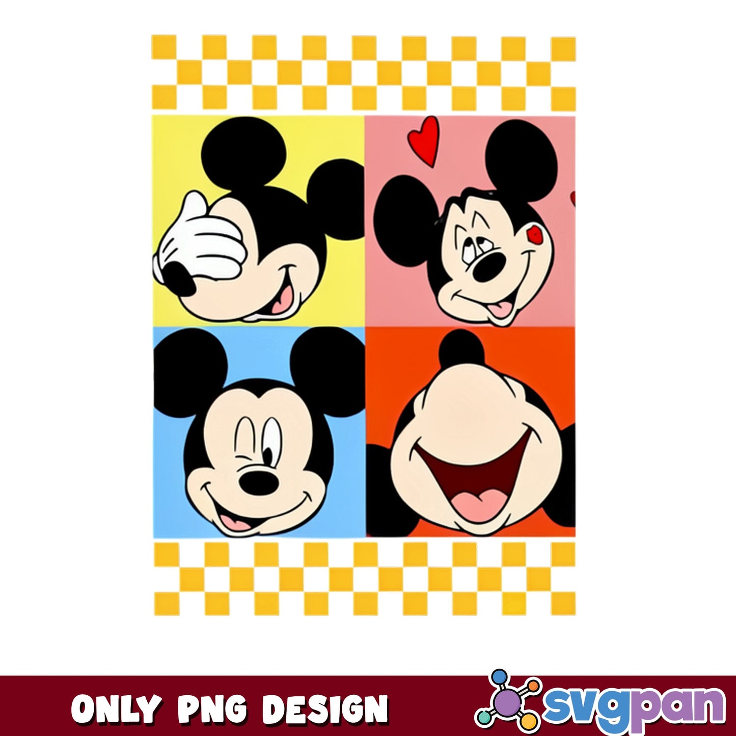 Mickey Mouse Faces Checkered PNG, Disney Mickey PNG, Retro PNG