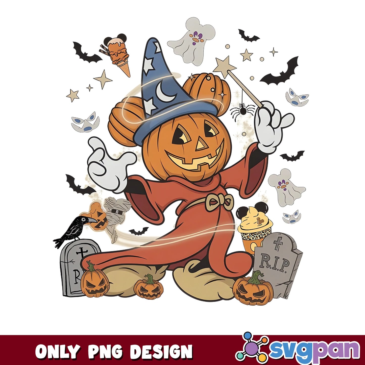 Mickey Mouse Fantasia Pumpkin Halloween Wizard PNG, Disney Spooky, PNG