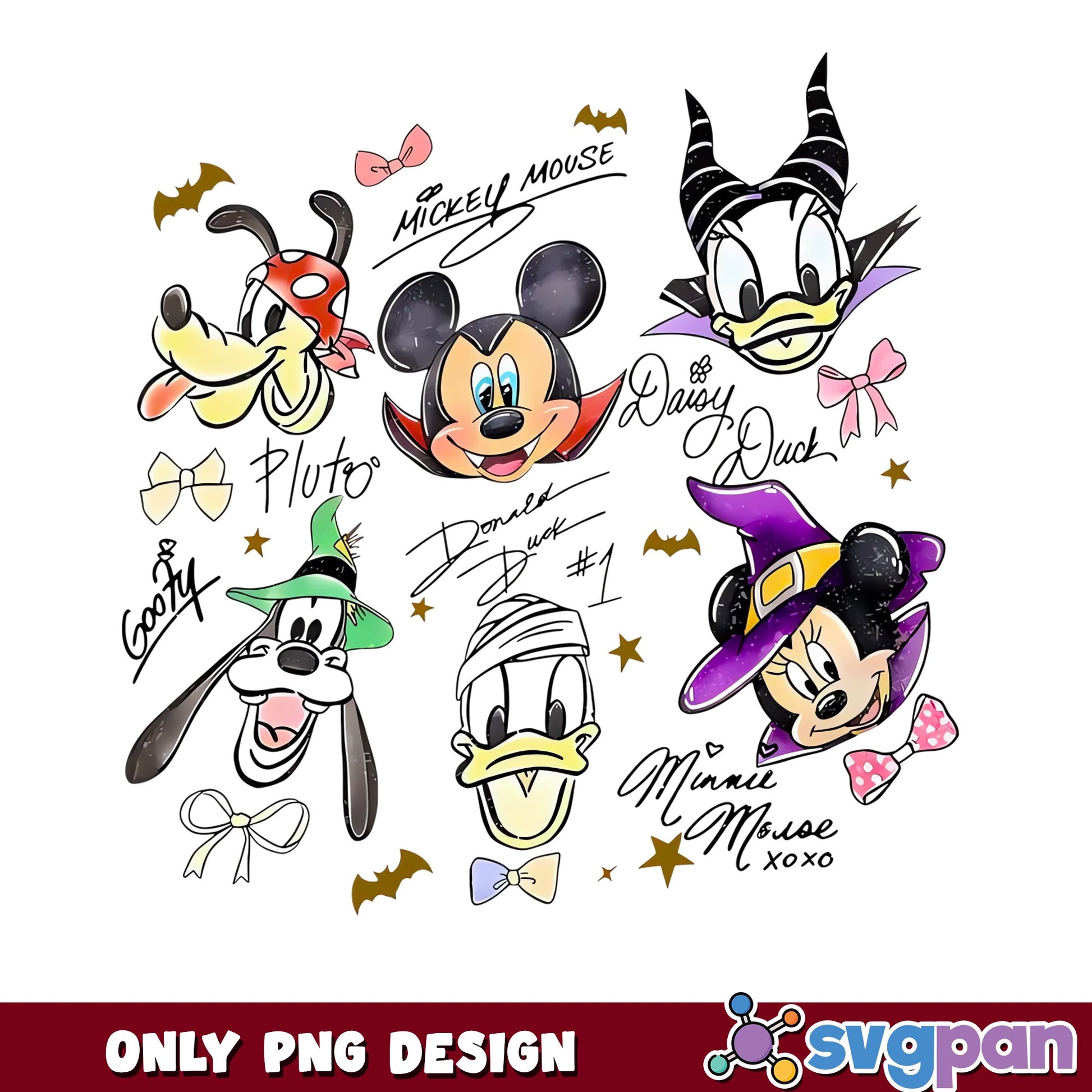 Mickey Mouse Friends Halloween Sketch Signatures Bows PNG, Disney, PNG
