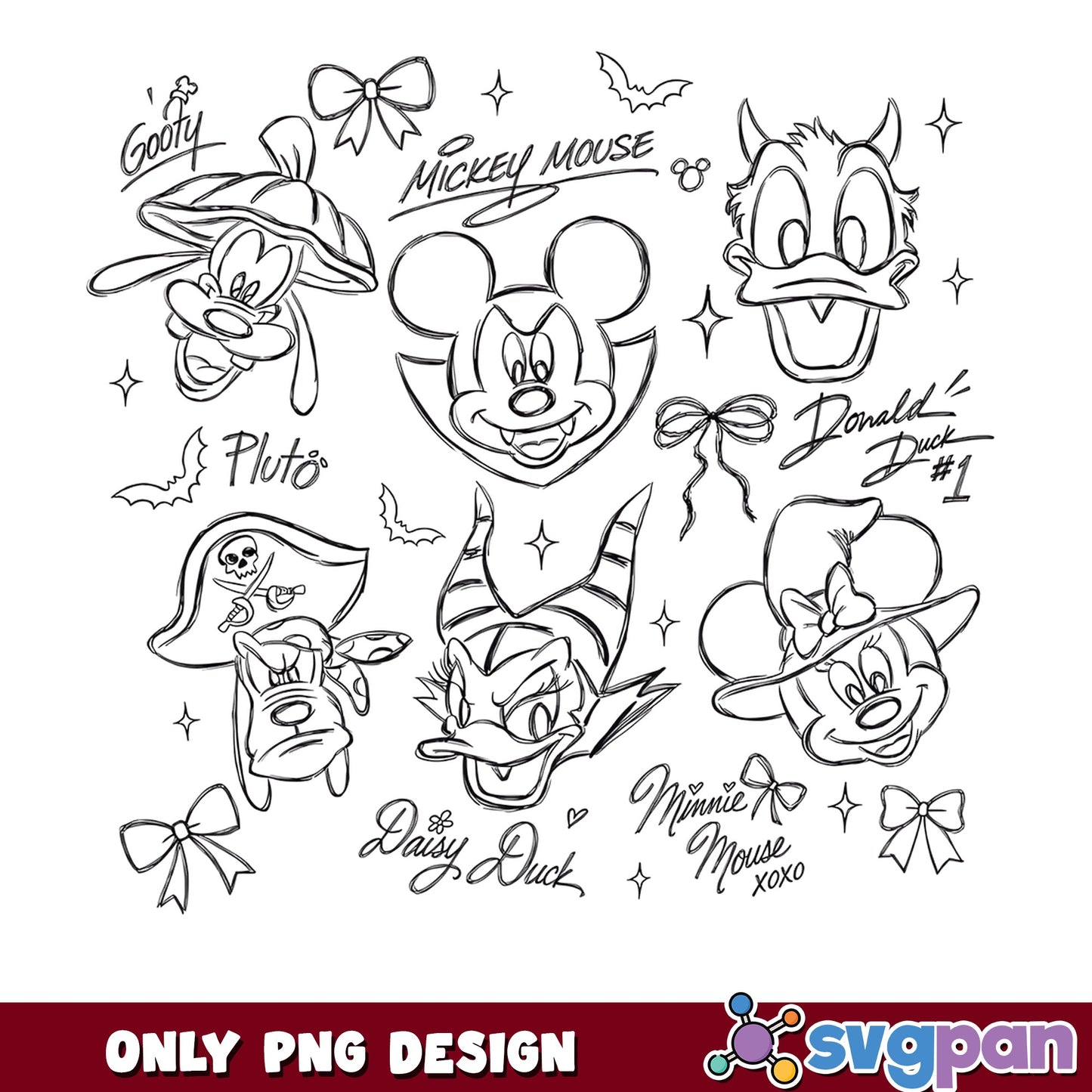 Mickey Mouse Friends Sketch Tattoo Halloween Bows PNG, Disney, PNG