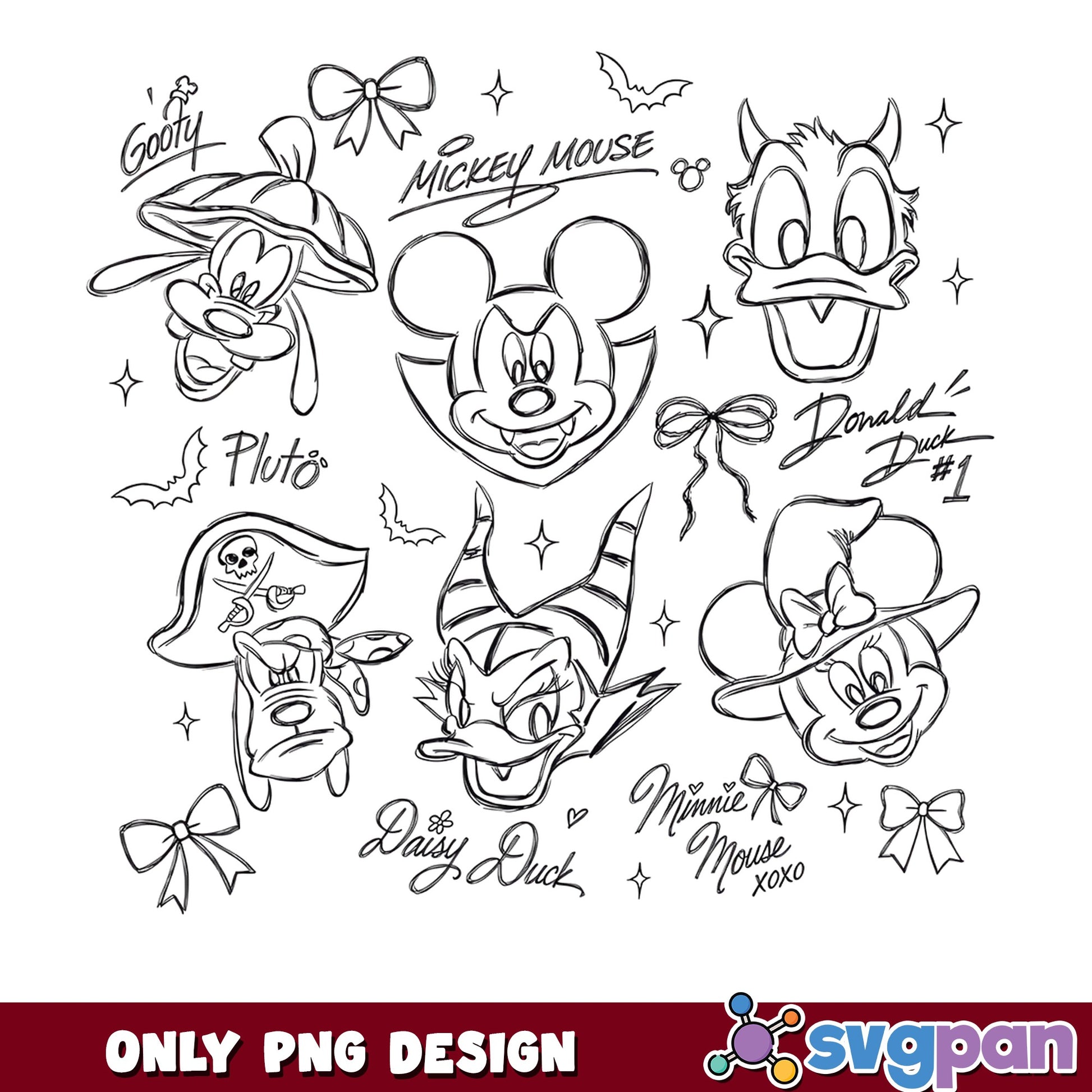 Mickey Mouse Friends Sketch Tattoo Halloween Bows PNG, Disney, PNG