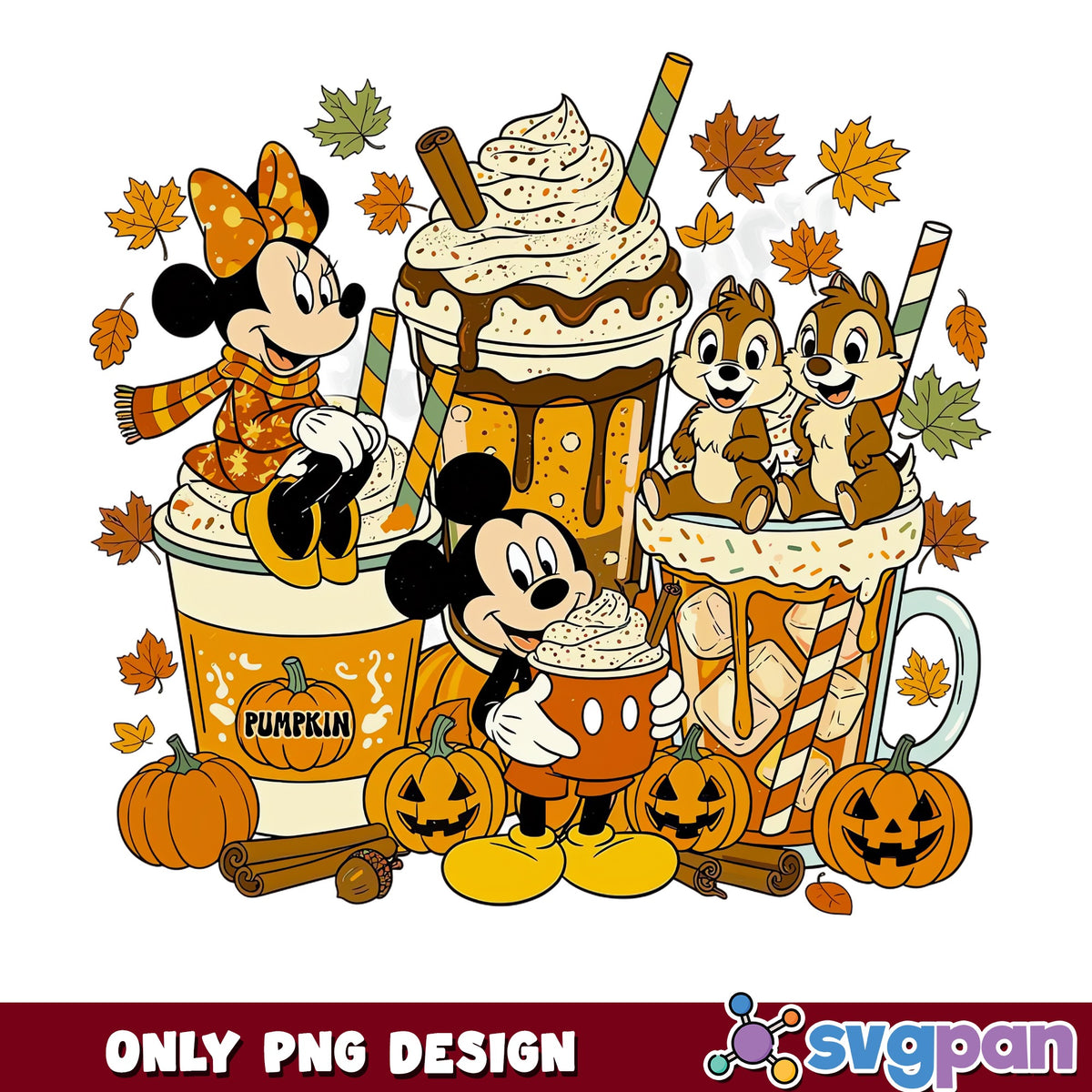 Mickey Mouse Minnie Fall Pumpkin Spice Latte PNG, Chip Dale, Disney