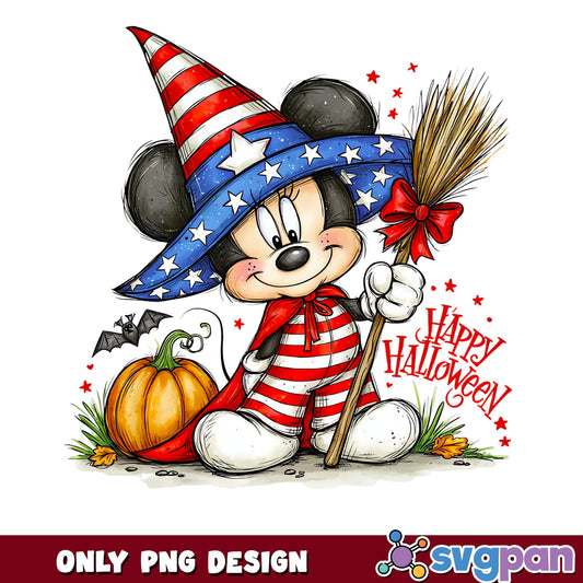 Mickey Mouse Patriotic Halloween PNG, Happy Halloween Witch Broom