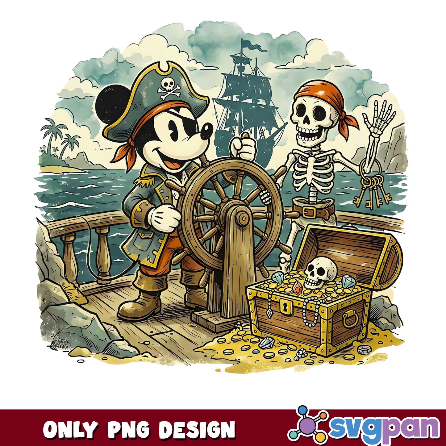 Mickey Mouse Pirate Captain Skeleton Ship Treasure PNG, Disney, PNG