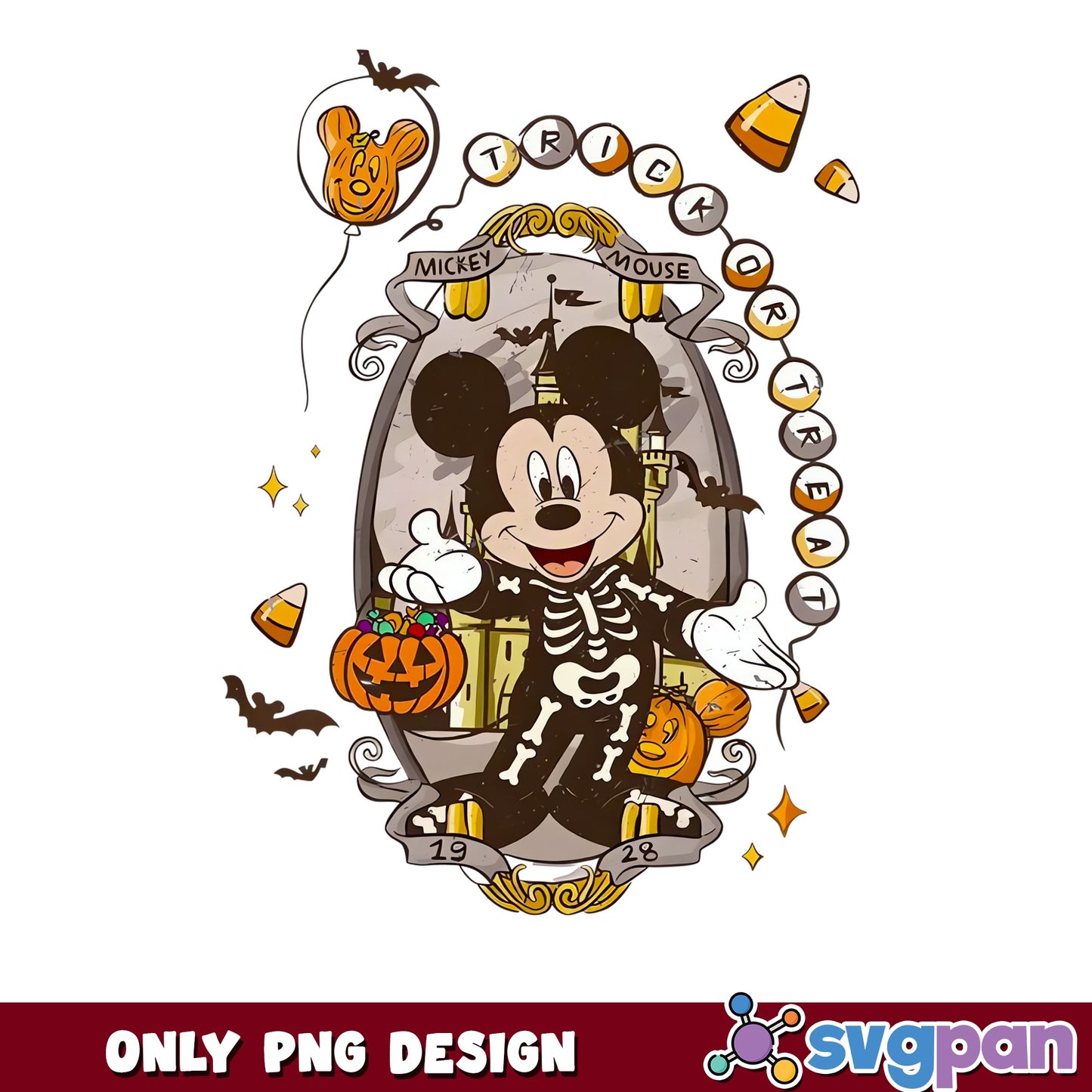 Mickey Mouse Skeleton Trick Or Treat Candy Corn PNG, Halloween, PNG