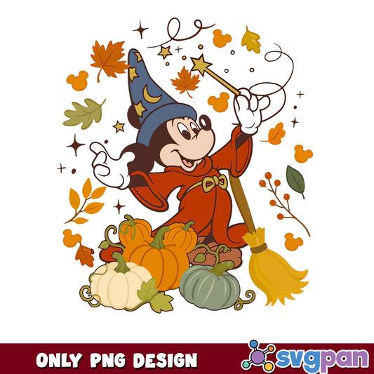 Mickey Mouse Sorcerer Halloween PNG, Fall Pumpkin Autumn Leaves
