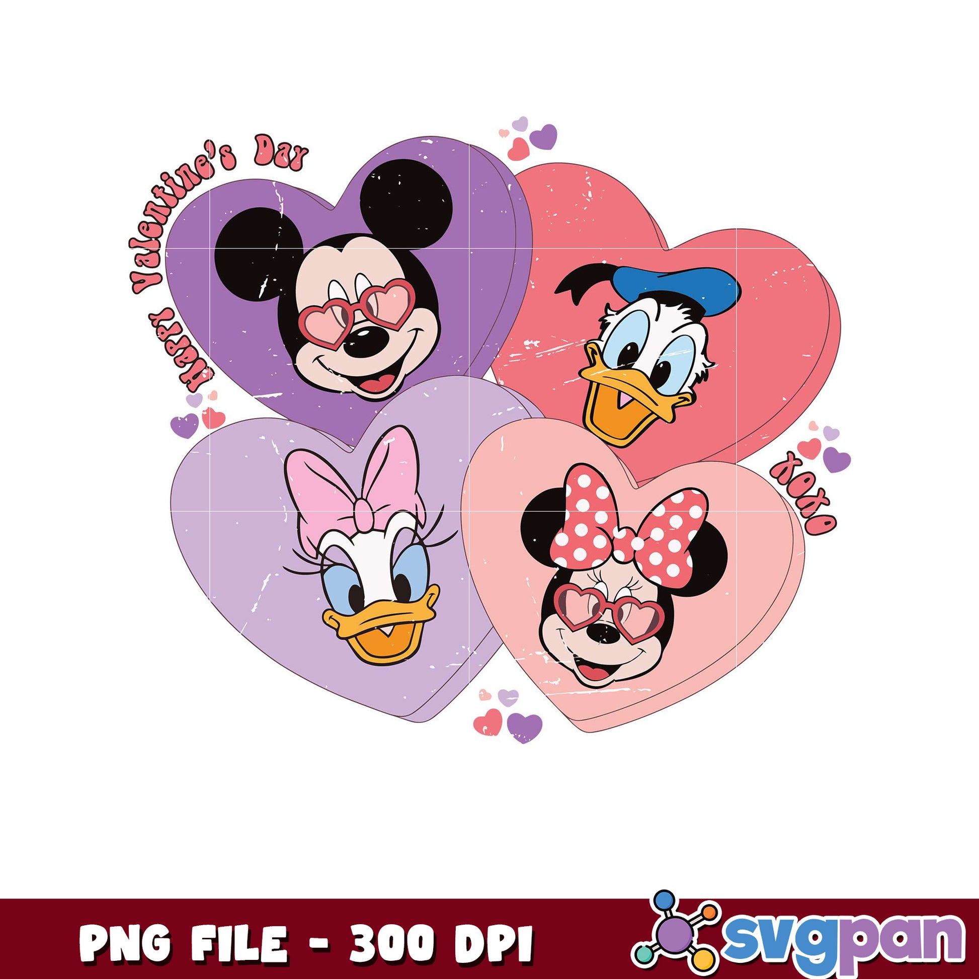 Mickey and Friends Valentine's Day PNG design, cute hearts layout