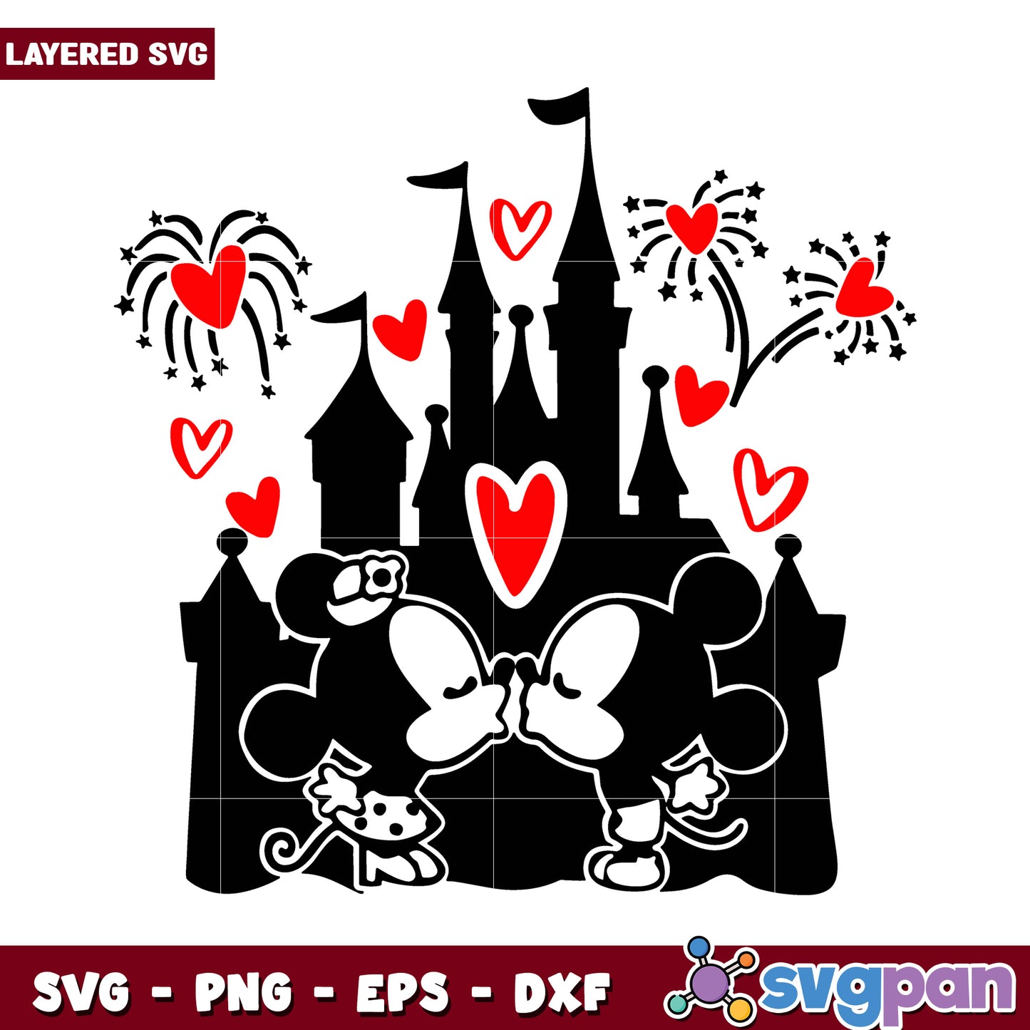 Mickey and Minnie Kissing SVG, Romantic Castle Fireworks Design