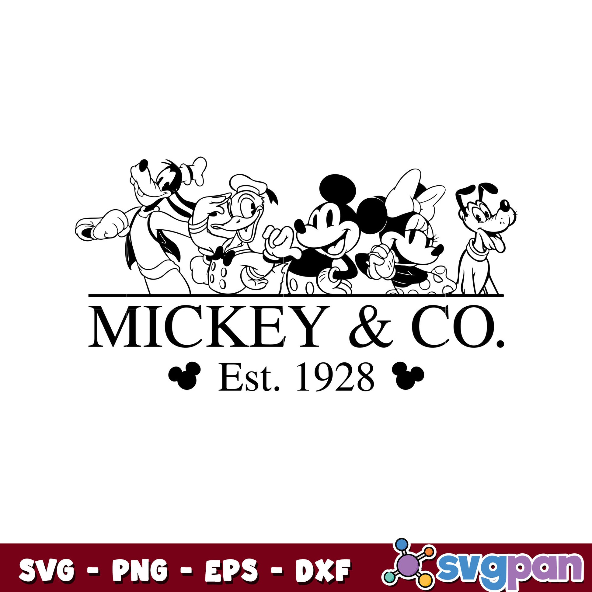 Mickey and co est 1928 black white svg, mickey friends svg