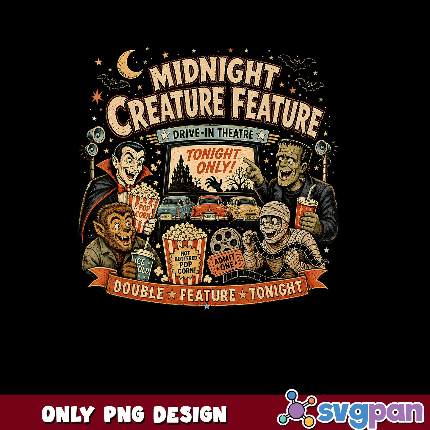 Midnight Creature Feature PNG, Halloween Monster PNG, Retro PNG
