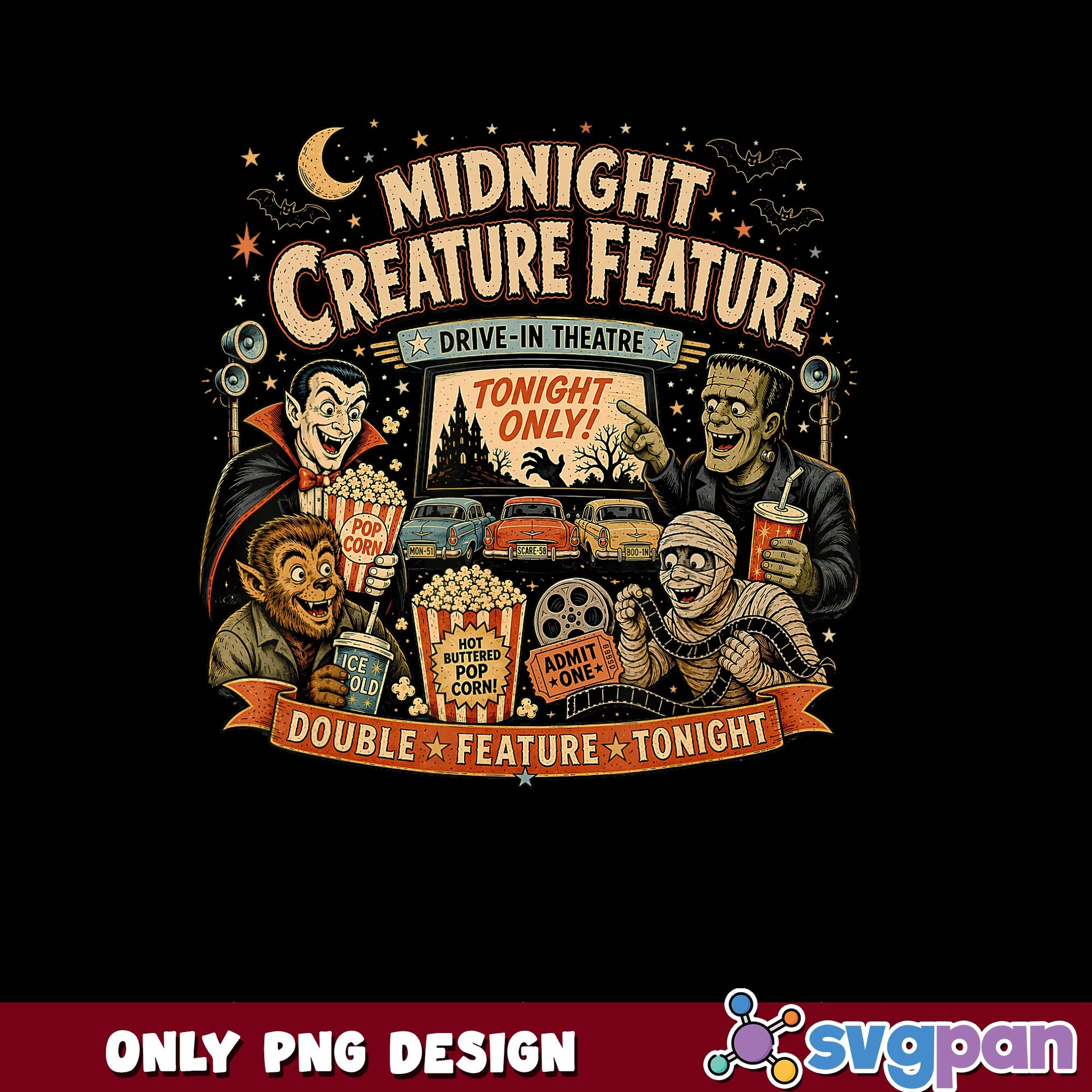 Midnight Creature Feature PNG, Halloween Monster PNG, Retro PNG