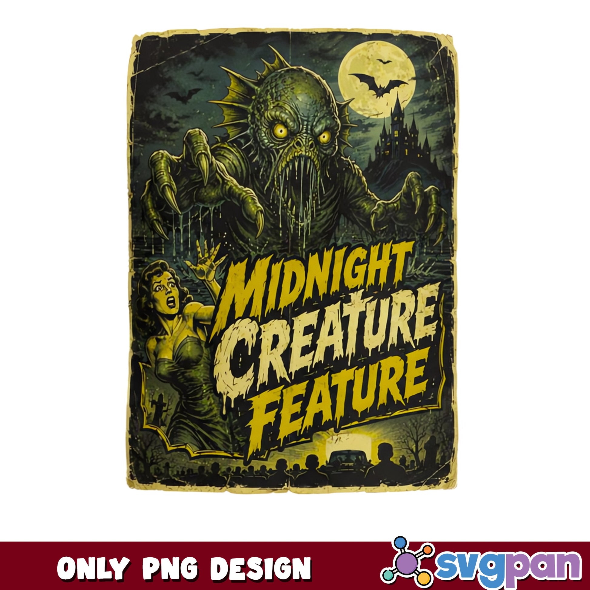 Midnight Creature Feature PNG, Vintage Horror Movie PNG, Halloween PNG