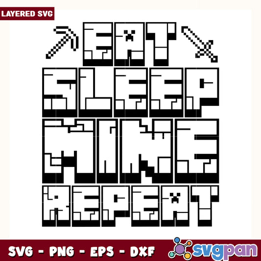 Minecraft eat sleep mine repeat design svg, minecraft game svg, funny creeper svg